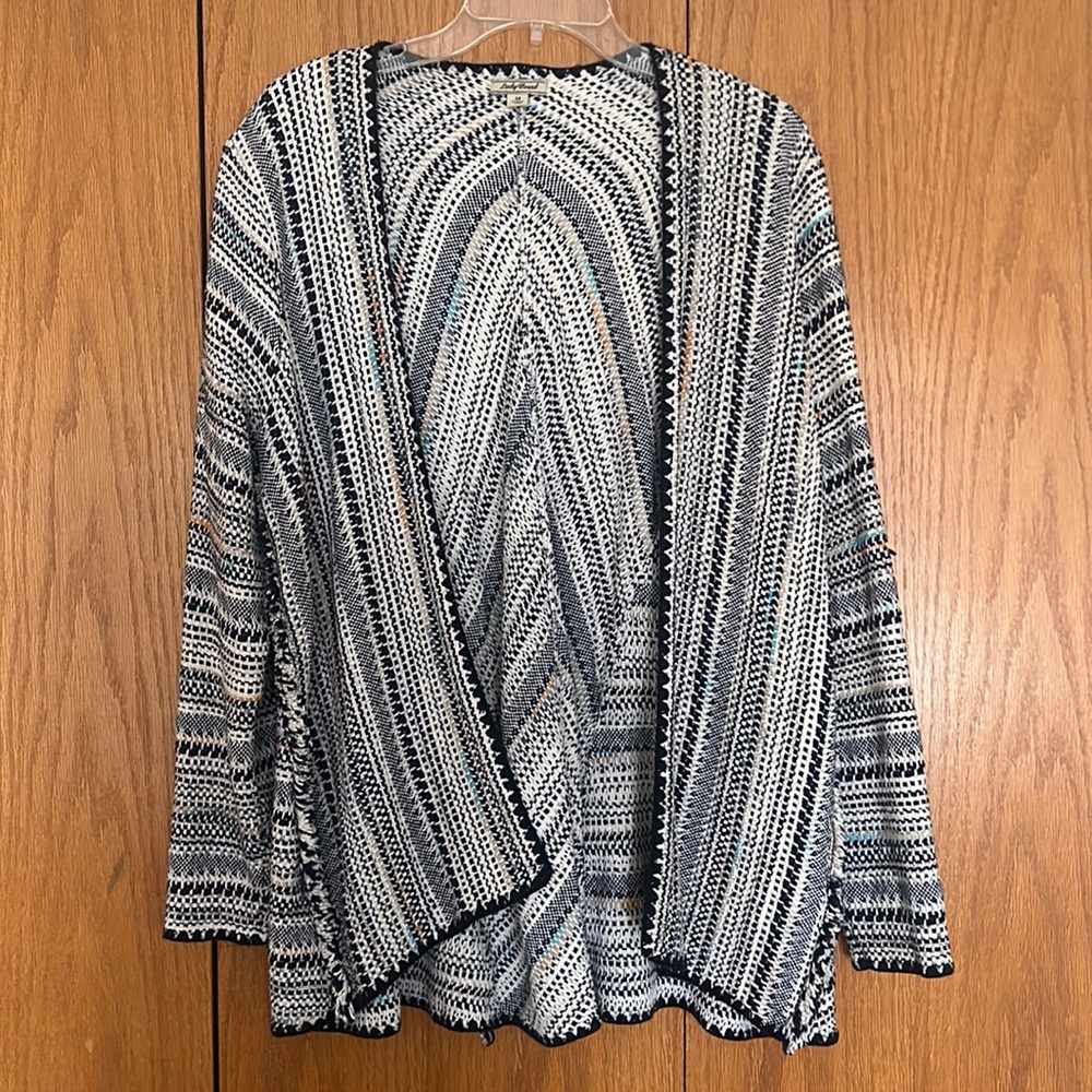 Lucky brand wrap sweater with fringe detail, multi color poncho style size M